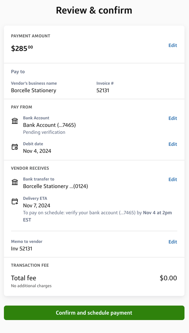 Paying a vendor via ACH bank tranfer- reviewing and confiming the final payment details.png