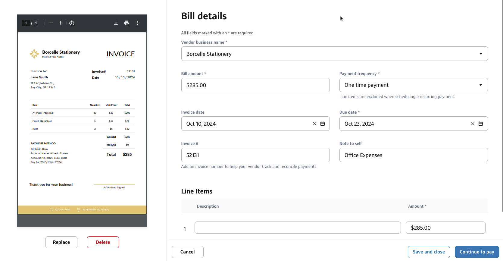 Reviewing the bill details from an uploaded invoice.png